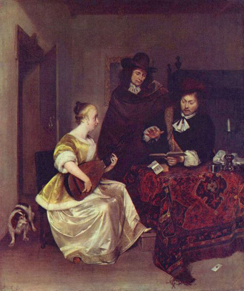 A Woman playing a Theorbo to Two Men